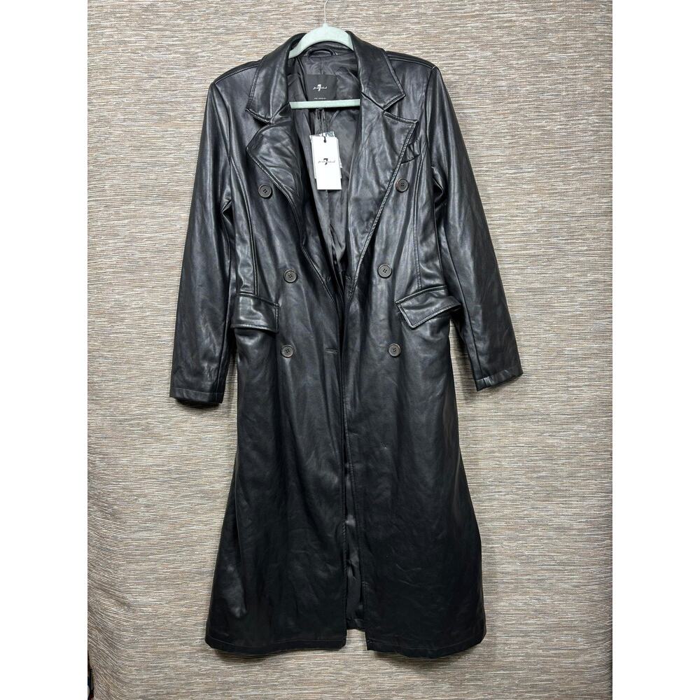 7 For All Mankind Coat Womens Small Black Faux Leather Trench Belted Button